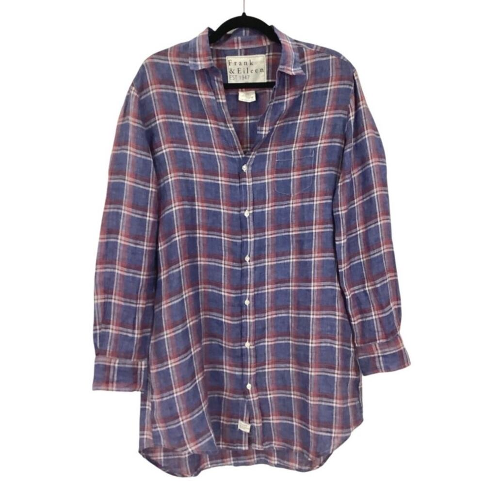 Frank & Eileen Mary Linen Button Front Shirtdress Blue Red Plaid Size Medium - Picture 4 of 10